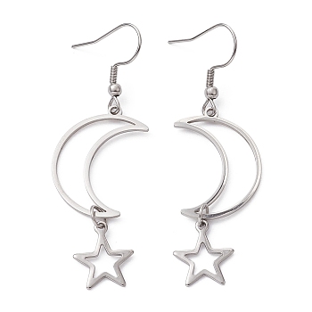 Hollow Star and Moon 304 Stainless Steel Dangle Earrings, Long Drop Earrings for Women, Stainless Steel Color, 60~62x17~17.5mm