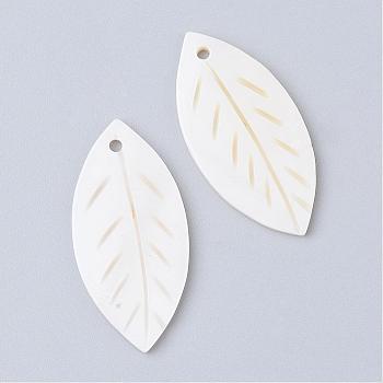 Freshwater Shell Pendants, Leaf, Floral White, 27.5x13.5x1.5mm, Hole: 1.5mm
