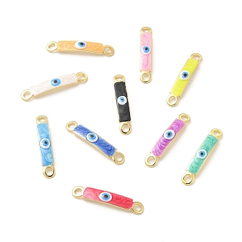 Brass Connector Charms, Curved Rectangle Links with Evil Eye Pattern, with Enamel, Real 18K Gold Plated, Long-Lasting Plated, Mixed Color, 30x5x2mm, Hole: 3mm