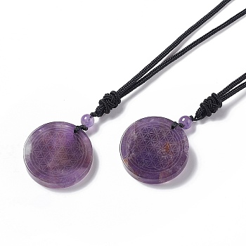 Natural Amethyst Flat Round with Flower of Life Pendant Necklace with Nylon Cord for Women, 25.59~27.95 inch(65~71cm)