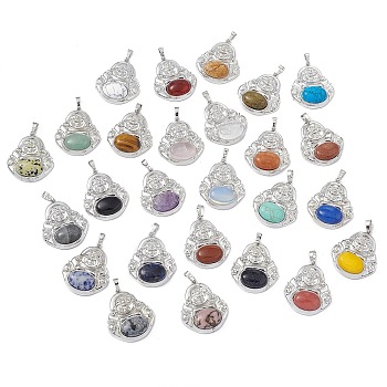 Natural & Synthetic Mixed Gemstone Pendants, Buddha Charms, with Platinum Tone Rack Plating Brass Findings, Cadmium Free & Lead Free, Mixed Dyed and Undyed, 39x32x9.5mm, Hole: 8x4.5mm