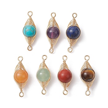 7Pcs 7 Styles Natural & Synthetic Mixed Gemstone Copper Wire Wrapped Connector Charms, Chakra Horse Eye Links, Dyed and Undyed, Light Gold, 26x9.5x8.5mm, Hole: 1.5mm, 1pc/style