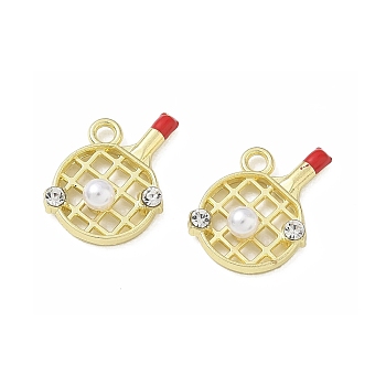 Alloy & ABS Plastic Pearl & Rhinestone Pendants Racket Charms, with Enamel, Rack Plating, Long-Lasting Plated, Golden, 18x12x5mm, Hole: 1.8mm