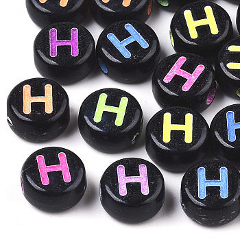Opaque Black Acrylic Beads, Horizontal Hole, Flat Round with Mixed Color Letter, Letter.H, 7x4mm, Hole: 1.6mm, about 3600pcs/500g