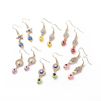 6 Pairs 6 Style Starfish & Hamsa Hand & Horse Eye & Tree of Life Crystal Rhinestone Dangle Earrings, Enamel & Resin Evil Eye Drop Earrings, Gold Plated Brass Jewelry for Women, Mixed Color, 48.5~50.5mm, Pin: 0.7mm, 1 Pair/style