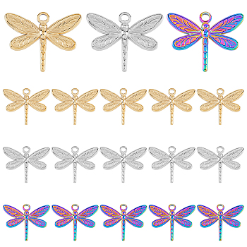 18Pcs 3 Colors 304 Stainless Steel Pendants, Dragonfly, Mixed Color, 20x25x2mm, Hole: 2mm, 6pcs/color
