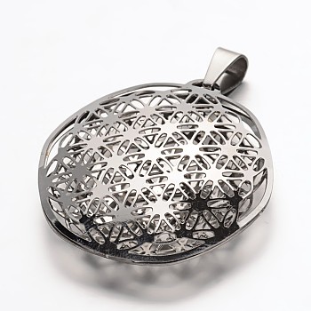 304 Stainless Steel Hollow Pendants, Round, Stainless Steel Color, 42.5x40x8.5~9.8mm, Hole: 5x9mm