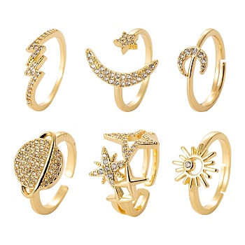 6Pcs 6 Styles Brass Micro Pave Clear Cubic Zirconia Cuff Rings, Open Rings, Long-Lasting Plated, Lightning Bolt & Star with Moon & Star & Planet & Sun, Real 18K Gold Plated, Inner Diameter: 16.5~17.5mm, 1pc/style