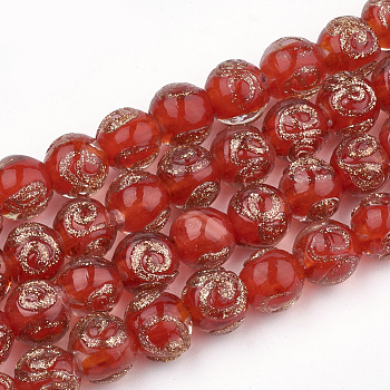 Handmade Gold Sand Lampwork Beads, Round, Red, 8~9x7~7.5mm, Hole: 1.5~2mm
