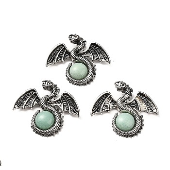 Natural Green Aventurine Big Pendants, Dragon Charms, with Rack Plating Antique Silver Tone Alloy Findings, Cadmium Free & Lead Free, 49x56x12mm, Hole: 6~6.5mm