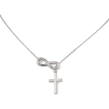 201 & 304 Stainless Steel Cable Chain Necklaces, Cross with Infinity Penddant Necklaces, Stainless Steel Color, 17.91 inch(45.5cm)