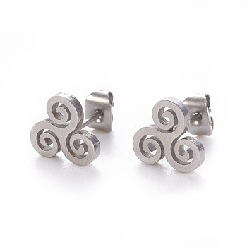 304 Stainless Steel Stud Earrings, Hypoallergenic Earrings, with Ear Nuts/Earring Back, Triskelion, Stainless Steel Color, 8.5x9mm, Pin: 0.7mm, 12pairs/card
