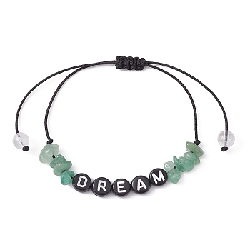 Natural Green Aventurine Chip Braided Bead Bracelets, Acrylic Word Bead Adjustable Bracelets for Women, Inner Diameter: 5/8~3-1/4 inch(1.7~8.2cm)