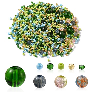 DIY Glass Beads Jewelry Making Finding Kit, Including Glass & Seed Round Beads, Green, 3~10mm, Hole: 1~1.6mm