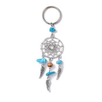 Woven Web/Net with Wing Alloy Pendant Keychain, with Synthetic Turquoise Chips and Iron Split Key Rings, 11cm