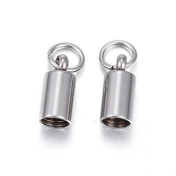 201 Stainless Steel Cord Ends, End Caps, Column, Stainless Steel Color, 9x4mm, Hole: 3.2mm, Inner Diameter: 3.2mm