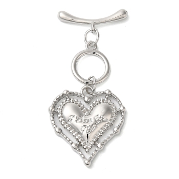 Brass Micro Pave Clear Cubic Zirconia Toggle Clasps, Heart, Platinum, 45mm, Bar: 19x7x3mm, Hole: 1.4mm; Ring: 13x11x1.5mm, Hole: 1.4mm