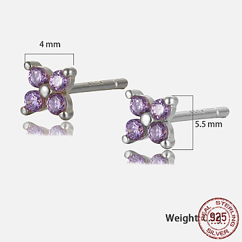 Platinum Rhodium Plated Sterling Silver Flower Stud Earrings, with Cubic Zirconia, with S925 Stamp, Orchid, 4x4mm