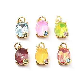 Oval Brass Micro Pave Cubic Zirconia Pendants, with Jump Ring and Glass Rhinestone, Rack Plating, Real 18K Gold Plated, Lead Free & Cadmium Free, Long-Lasting Plated, Mixed Color, 13.5x10.5x7mm, Hole: 3.3mm