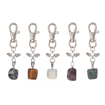 Natural & Synthetic Mixed Gemstone Pendants Decorations,  with Alloy Heart Wing & Swivel Lobster Claw Clasps, 85.5~87mm