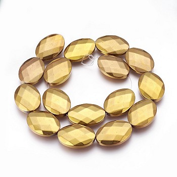 Electroplated Non-magnetic Synthetic Hematite Beads Strands, Polish, Faceted, Oval, Golden Plated, 25x18x5.5mm, Hole: 1mm, about 16pcs/strand, 15.74 inch(40cm)