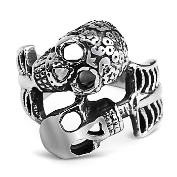 Steam Punk Style 316L Surgical Stainless Steel Skull Finger Rings, Double Skeleton Rings for Men, Stainless Steel Color, US Size 11(20.6mm)