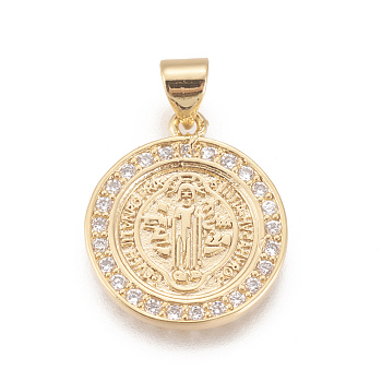 Brass Micro Pave Cubic Zirconia Pendants, Long-Lasting Plated, Lead Free & Cadmium Free & Nickel Free, Flat Round with CssmlNdsmd Cross God Father Religious Christianity, Clear, Real 18K Gold Plated, 19.5x17x1.5mm, Hole: 4x3.5mm