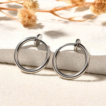 Tarnish Resistant 304 Stainless Steel Retractable Clip-on Hoop Earrings, Hypoallergenic Earrings, For Non-pierced Ears, with Spring Findings, Stainless Steel Color, 13x4.5mm, Inner Diameter: 10mm