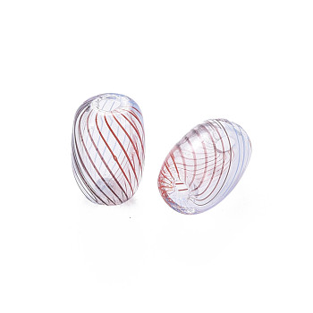 Transparent Handmade Blown Glass Globe Beads, Stripe Pattern, Column, Saddle Brown, 13.5~15.5x9.5mm, Hole: 1~2mm