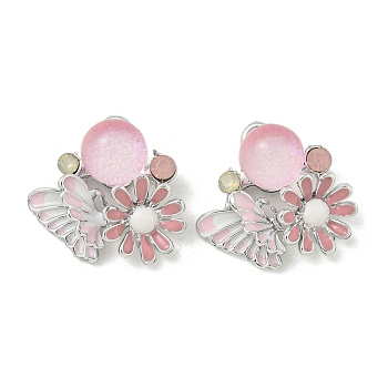 Rack Plating Alloy Enamel Pendants, with Resin & Rhinestone, Lead Free & Cadmium Free, Flower Charm, Pink, 18.5x19.5x8.5mm, Hole: 1.8mm