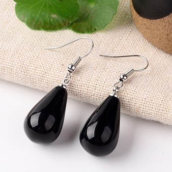 Natural Black Agate Teardrop Dangle Earrings, with Platinum Plated Brass Findings, 43mm, Pin: 0.7mm