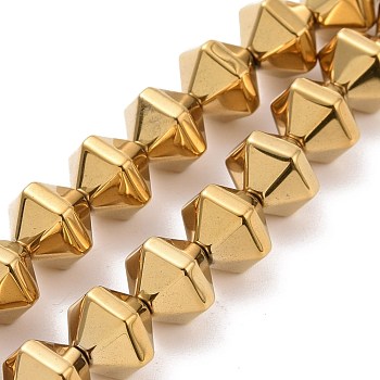 Electroplated Non-magnetic Synthetic Hematite Beads Strands, Faceted, Bicone, Golden Plated, 8x10x8.5mm, Hole: 0.8mm, about 49pcs/strand, 15.75 inch(40cm)