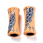 Plastic Beads, Imitation Wood, Large Hole, For African Braid Reggae Hair Accessories, Tube with Flower, Royal Blue, 28x12.5mm, Hole: 8mm(KY-O002-02H)