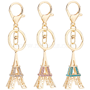 3Pcs 3 Colors Zinc Alloy Rhinestone Keychain, with Light Gold Plated Split Key Rings, Lobster Claw Clasps, Eiffel Tower, Mixed Color, 12.7cm, 1pc/color(KEYC-NB0001-38)