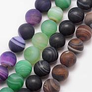 Natural Striped Agate/Banded Agate Bead Strands, Round, Grade A, Frosted, Dyed & Heated, Mixed Color, 6mm, Hole: 1mm, about 61pcs/strand, 15 inch(G-K166-12-6mm)