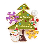 Christmas Theme Golden Zinc Alloy with Rhinestone Brooches, Enamel Pins, Christmas Tree, 46x39x10mm(JEWB-B018-01G-04)