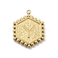 201 Stainless Steel Pendants, Golden, Hexagon with Letter Charm, Letter Y, 21x16.5x2mm, Hole: 1.5mm(STAS-R227-01Y-G)