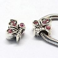 Alloy Rhinestone European Beads, Large Hole Beads, Butterfly, Antique Silver, Light Rose, 12x11x8mm, Hole: 5mm(MPDL-R043-05A)