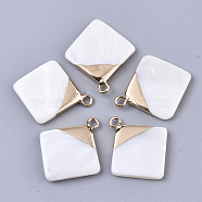 Natural Freshwater Shell Pendants, with Top Golden Plated Brass Loops, Rhombus, Seashell Color, 23x20x3mm, Hole: 1.8mm, Diagonal Length: 23mm, Side Length: 15mm(SHEL-R023-02)