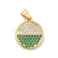 Brass Micro Pave Cubic Zirconia Pendants, Cadmium Free & Lead Free, Long-Lasting Plated, Flat Round, Real 18K Gold Plated, Green, 17.5x15x2mm, Hole: 3.5x3mm(KK-B059-35G-F)