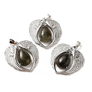 Natural Labradorite Teardrop Pendants, Wing Charms, with Rack Plating Platinum Plated Brass Findings, Lead Free & Cadmium Free, 36x34x8~8.5mm, Hole: 8x5mm(KK-K331-02P-01)
