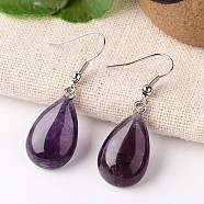 Natural Amethyst Teardrop Dangle Earrings, with Platinum Plated Brass Findings, 41mm, Pin: 0.7mm(EJEW-J089-02)