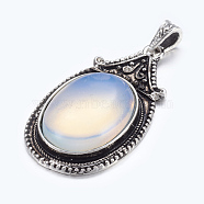 Opalite Big Pendants, with Alloy Findings, Antique Silver Color, Oval, White, Size: about 29mm wide, 56mm long, 11mm thick, hole: 4mm wide, 6mm long(X-G-Q133-2)