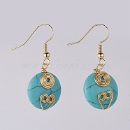 Flat Round Synthetic Turquoise Beads Dangle Earrings, with Copper Wire, Brass Earring Hooks and Cardboard Box, Golden, 38mm, pin: 0.7mm(EJEW-JE03720-04)