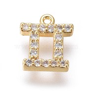 Golden Plated Brass Micro Pave Cubic Zirconia Charms, Twelve Constellations, Gemini, 8x7x1.7mm, Hole: 0.8mm(X-ZIRC-L075-51H)