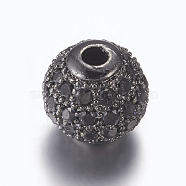 Brass Micro Pave Cubic Zirconia Beads, Round, Gunmetal, Black, 8mm, Hole: 1.5mm(ZIRC-E134-8mm-05B)