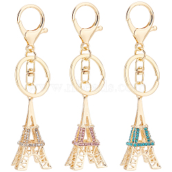 Nbeads 3Pcs 3 Colors Zinc Alloy Rhinestone Keychain, with Light Gold Plated Split Key Rings, Lobster Claw Clasps, Eiffel Tower, Mixed Color, 12.7cm, 1pc/color(KEYC-NB0001-38)
