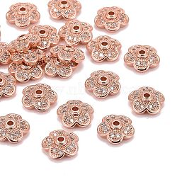 5-Petal Brass Micro Pave Clear Cubic Zirconia Bead Caps, Cadmium Free & Nickel Free & Lead Free, Real Rose Gold Plated, 9x9x3mm, Hole: 1.5mm(ZIRC-P001-31RG)