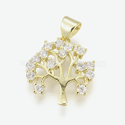 Brass Micro Pave Cubic Zirconia Pendants, Long-Lasting Plated, Lead Free & Cadmium Free & Nickel Free, Tree of Life, Clear, Real 18K Gold Plated, 16.5x15.5x3mm, Hole: 4x3.5mm(ZIRC-L078-047G-NR)
