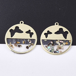 Epoxy Resin Pendants, with Shell and Alloy Findings, Flat Round with Butterfly, Golden, Colorful, 31x28x1.5mm, Hole: 1.6mm(RESI-S365-77)